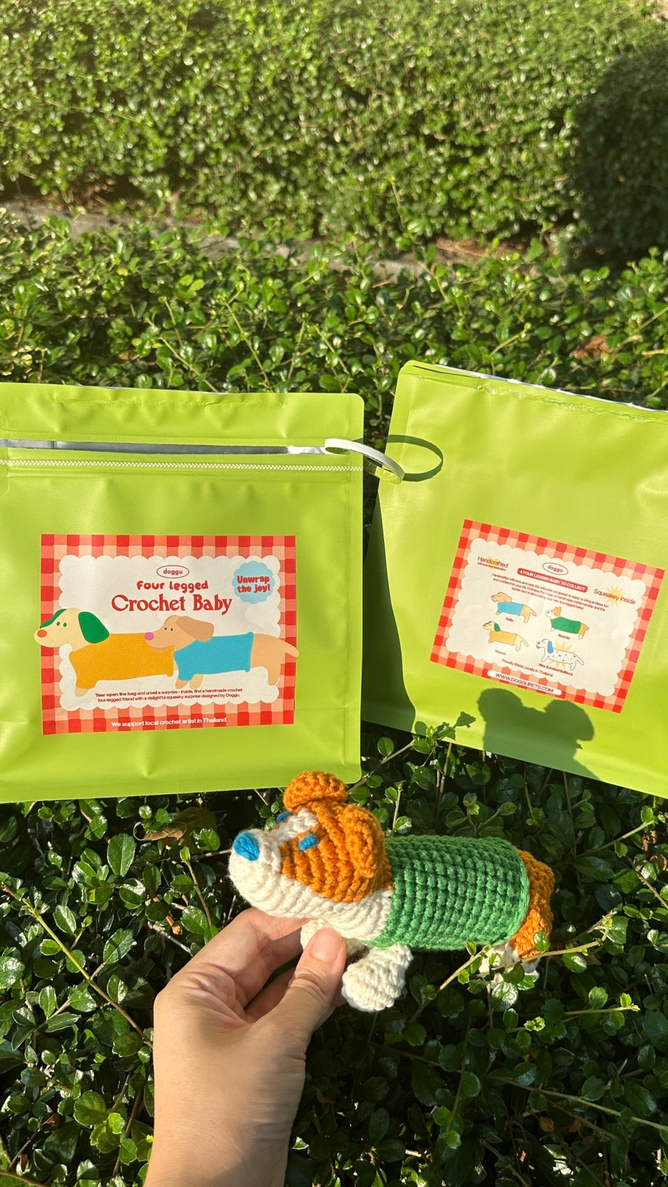 Four legged crochet baby Surprise bag